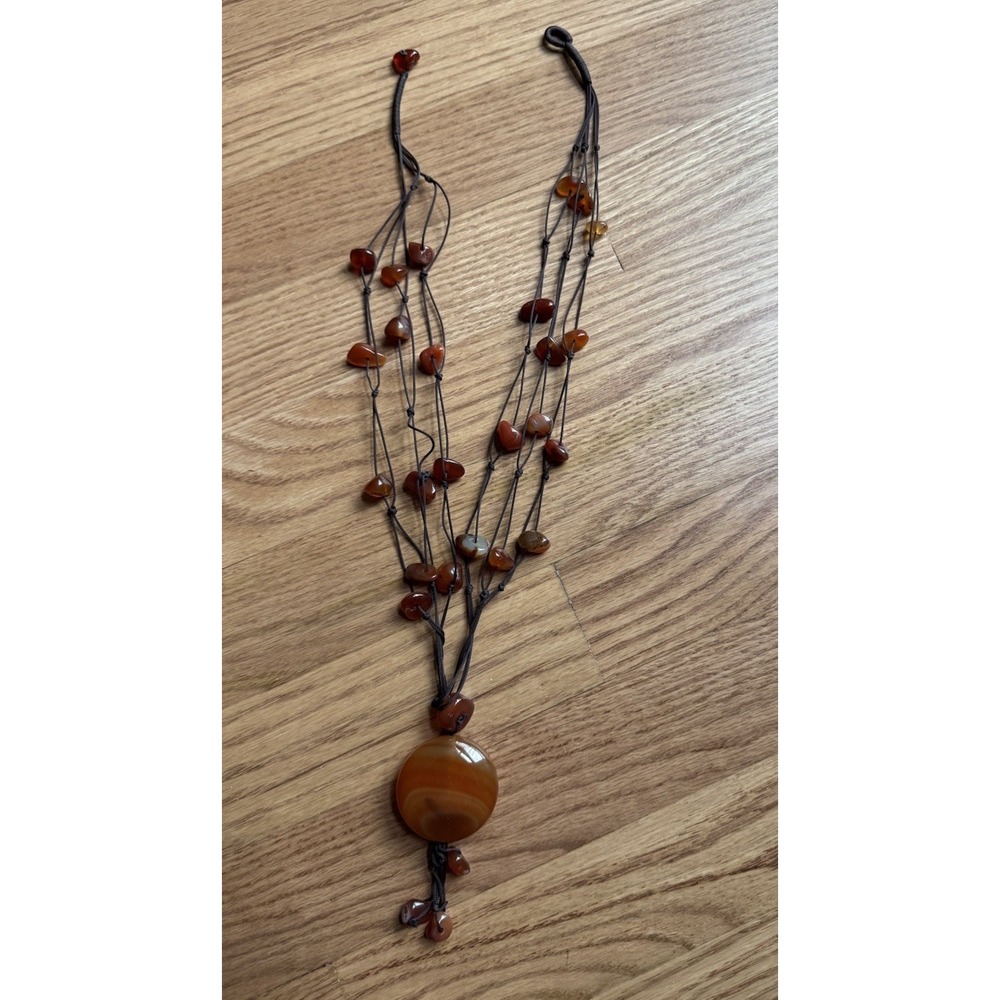 Natural Carnelian‎ Agate Multi-Strand Necklace | Large Disc Pendant | Tumbled